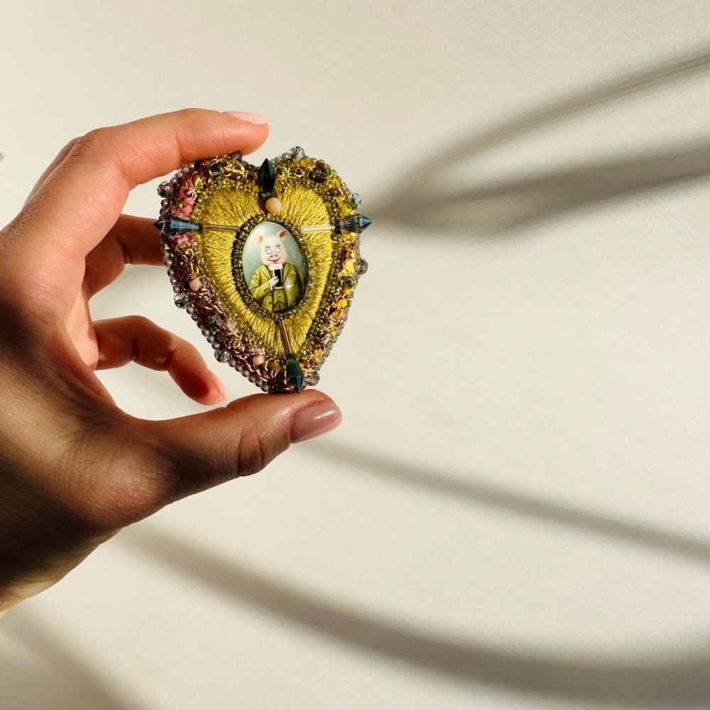 Artisan Hand-Embroidered Heart Brooch with Pig | Wearable Art Jewelry